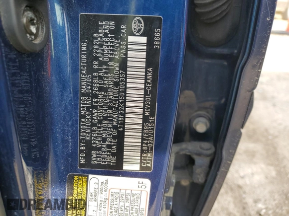 2005 Toyota Camry LE with VIN 4T1BF32K15U105357, listed as a Copart auction lot 53612715 with 166,159 mi miles and Salvage Title. Bid and sale history available at DreamBid. Image 13.