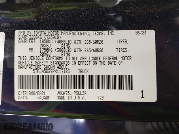 2023 Toyota Tundra Limited with VIN 5TFJA5DB9PX117183, listed as a IAAI auction lot 42352970 with 15,082 mi miles and . Bid and sale history available at DreamBid. Image 9.
