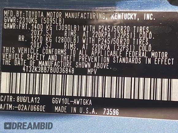 2011 Toyota Venza with VIN 4T3ZK3BB7BU036848, listed as a IAAI auction lot 42386552 with 112,150 mi miles and . Bid and sale history available at DreamBid. Image 9.