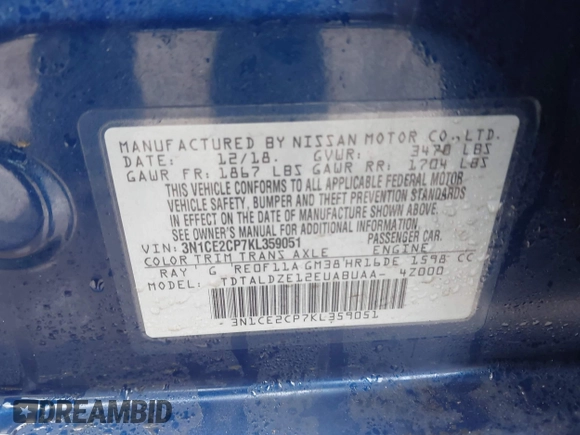 2019 Nissan Note SV with VIN 3N1CE2CP7KL359051, listed as a IAAI auction lot 41489878 with 108,395 mi miles and . Bid and sale history available at DreamBid. Image 9.