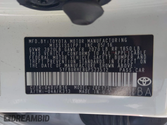 2016 Toyota Corolla L with VIN 5YFBURHE8GP523512, listed as a IAAI auction lot 42238432 with 134,118 mi miles and . Bid and sale history available at DreamBid. Image 9.