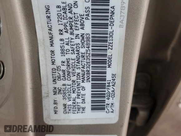 2005 Toyota Corolla CE with VIN 1NXBR32E35Z548983, listed as a Copart auction lot 55888725 with Not Provided miles and Clean Title. Bid and sale history available at DreamBid. Image 12.
