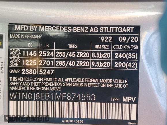 2021 Mercedes-Benz GLC 300 with VIN W1N0J8EB1MF874553, listed as a Copart auction lot 57517415 with 62,413 mi miles and Salvage title. Bid and sale history available at DreamBid. Image 13.