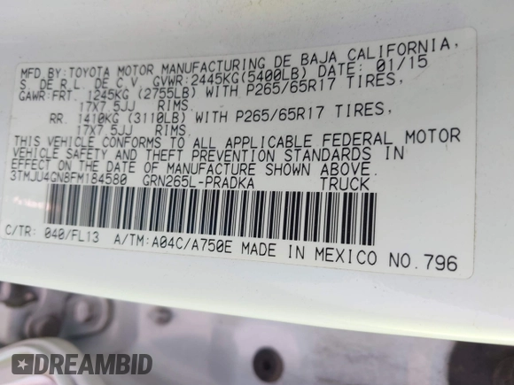 2015 Toyota Tacoma PreRunner с VIN 3TMJU4GN8FM184580, выставлен на аукционе IAAI как лот 41409861 с пробегом 185 176 миль миль и . История ставок и продаж доступна на DreamBid. Изображение 9.