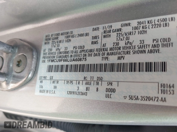 2020 Ford Escape S z VIN 1FMCU9F66LUA60875, wystawiony jako IAAI lot #42414961 z przebiegiem 88 900 mil mil oraz . Historia ofert i sprzedaży dostępna na DreamBid. Obrazek 9.