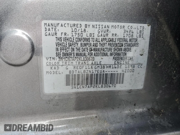2019 Nissan Versa SV with VIN 3N1CN7AP2KL830670, listed as a Copart auction lot 50995655 with Not provided miles and Salvage title. Bid and sale history available at DreamBid. Image 12.