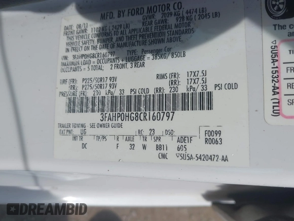 2012 Ford Fusion SE with VIN 3FAHP0HG8CR160797, listed as a IAAI auction lot 42619480 with 106,511 mi miles and . Bid and sale history available at DreamBid. Image 9.