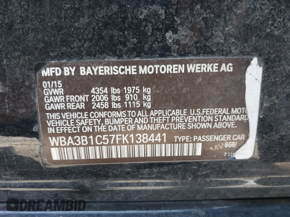 2015 BMW 3 Series 320i with VIN WBA3B1C57FK138441, listed as a IAAI auction lot 42034649 with Not Provided miles. Bid and sale history available at carsss.com. Image 9.