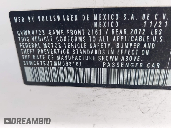 2021 Volkswagen Jetta S z VIN 3VWC57BU7MM098161, wystawiony jako IAAI lot #41954687 z przebiegiem 42 161 mil mil oraz . Historia ofert i sprzedaży dostępna na DreamBid. Obrazek 9.