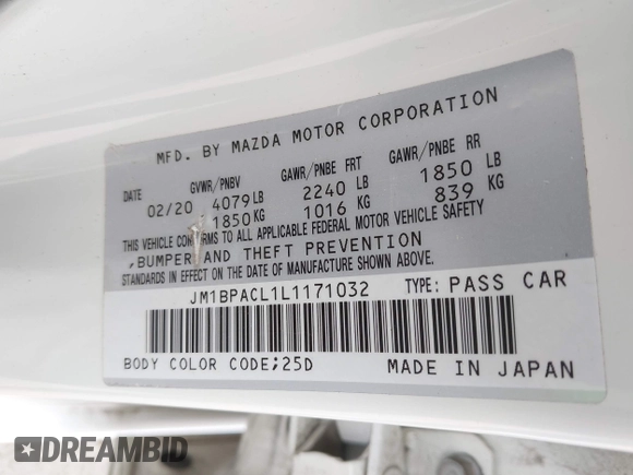 2020 Mazda 3 Select with VIN JM1BPACL1L1171032, listed as a IAAI auction lot 42366156 with 94,055 mi miles and . Bid and sale history available at DreamBid. Image 9.