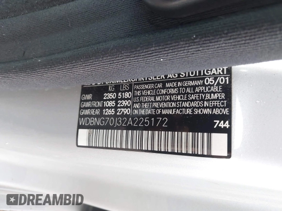 2002 Mercedes-Benz S 430 with VIN WDBNG70J32A225172, listed as a IAAI auction lot 42247387 with 224,780 mi miles and . Bid and sale history available at DreamBid. Image 9.