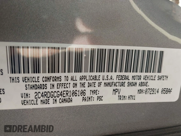 2014 Dodge Grand Caravan SXT with VIN 2C4RDGCG4ER106106, listed as a IAAI auction lot 41830512 with 135,044 mi miles and . Bid and sale history available at DreamBid. Image 9.