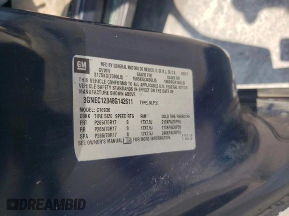 2008 Chevrolet Avalanche LS with VIN 3GNEC12048G142611, listed as a Copart auction lot 54216085 with Not provided miles and Salvage title. Bid and sale history available at DreamBid. Image 12.