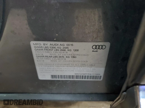 2015 Audi Q5 Premium Plus with VIN WA1LFAFP7FA111955, listed as a Copart auction lot 60423655 with 177,604 mi miles and Salvage title. Bid and sale history available at DreamBid. Image 13.