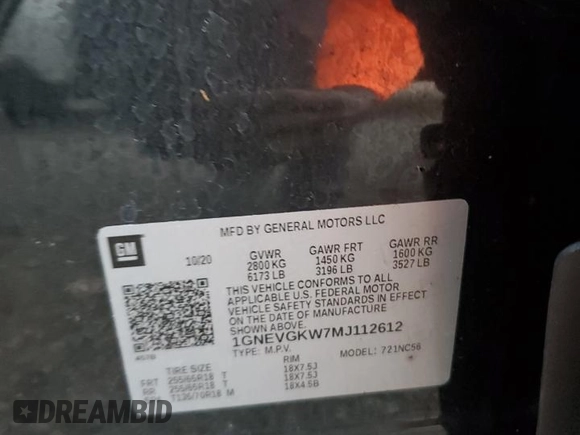 2021 Chevrolet Traverse LT Cloth with VIN 1GNEVGKW7MJ112612, listed as a Copart auction lot 75235074 with 58,744 mi miles and Salvage Title. Bid and sale history available at carsss.com. Image 12.