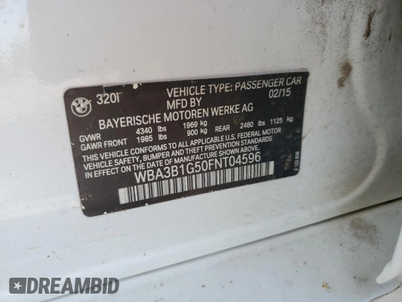 2015 BMW 3 Series 320i with VIN WBA3B1G50FNT04596, listed as a Copart auction lot 46465935 with 94,768 mi miles and Salvage title. Bid and sale history available at DreamBid. Image 13.