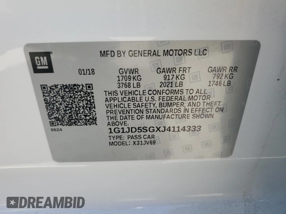 2018 Chevrolet Sonic LT with VIN 1G1JD5SGXJ4114333, listed as a Copart auction lot 60849815 with 44,074 mi miles and Salvage title. Bid and sale history available at DreamBid. Image 12.