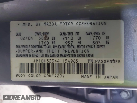 2004 Mazda 3 s with VIN JM1BK323441154965, listed as a IAAI auction lot 41271979 with 260,251 mi miles and . Bid and sale history available at DreamBid. Image 9.