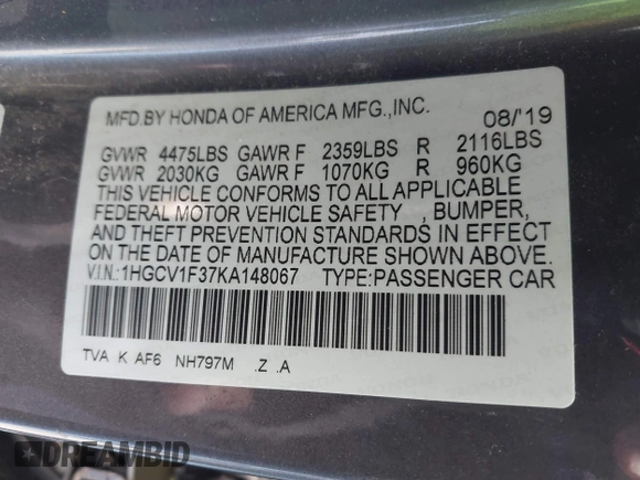 2019 Honda Accord Sedan Sport 1.5T with VIN 1HGCV1F37KA148067, listed as a IAAI auction lot 41724588 with 91,659 mi miles. Bid and sale history available at carsss.com. Image 9.