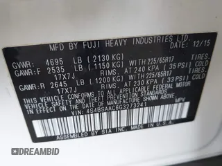 2016 Subaru Outback 2.5i with VIN 4S4BSAAC6G3273241, listed as a IAAI auction lot 42671556 with 160,646 mi miles and . Bid and sale history available at DreamBid. Image 9.