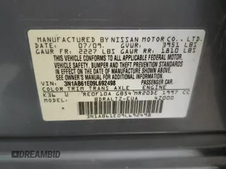 2009 Nissan Sentra 2.0 SL FE+ with VIN 3N1AB61E09L692498, listed as a Copart auction lot 50854775 with 160,802 mi miles and Salvage title. Bid and sale history available at DreamBid. Image 15.