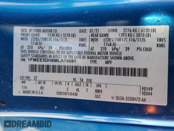 2021 Ford Bronco z VIN 1FMEE5DH6MLA74091, wystawiony jako Copart lot #46137495 z przebiegiem 54 780 mil mil oraz Szkoda całkowita • Salvage title. Historia ofert i sprzedaży dostępna na DreamBid. Obrazek 15.