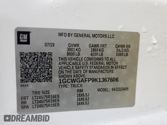 2019 Chevrolet Express Cargo with VIN 1GCWGAFP9K1367606, listed as a Copart auction lot 87336624 with 98,989 mi miles and Clean title. Bid and sale history available at DreamBid. Image 13.