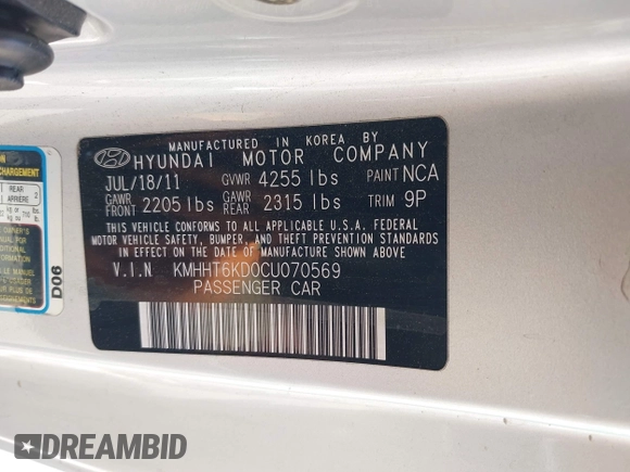 2012 Hyundai Genesis Coupe 2.0T with VIN KMHHT6KD0CU070569, listed as a IAAI auction lot 42588532 with 198,200 mi miles and . Bid and sale history available at DreamBid. Image 9.