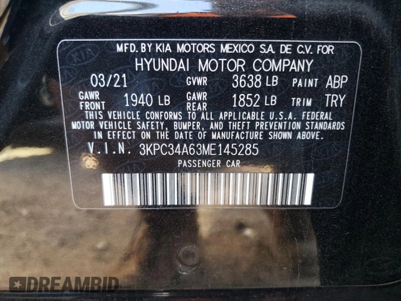 2021 Hyundai Accent Limited with VIN 3KPC34A63ME145285, listed as a Copart auction lot 70194953 with 34,275 mi miles. Bid and sale history available at carsss.com. Image 12.
