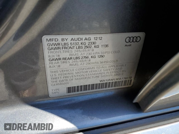 2013 Audi allroad Premium Plus with VIN WA1UFAFL9DA176272, listed as a Copart auction lot 59500234 with 138,832 mi miles and Salvage Title. Bid and sale history available at carsss.com. Image 12.