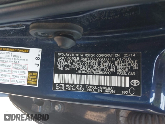 2014 Toyota Prius Four with VIN JTDKN3DU7E0380860, listed as a IAAI auction lot 42308828 with 108,505 mi miles and . Bid and sale history available at DreamBid. Image 9.