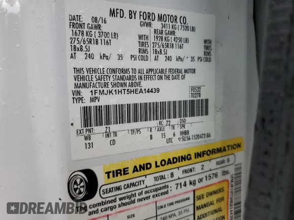 2017 Ford Expedition Max XLT with VIN 1FMJK1HT5HEA14439, listed as a Copart auction lot 59157635 with 151,155 mi miles and Salvage title. Bid and sale history available at DreamBid. Image 14.
