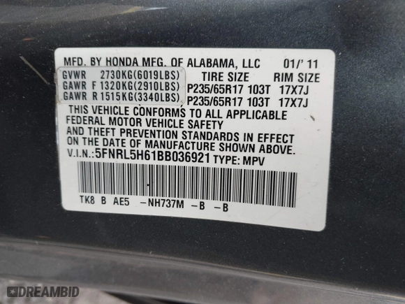 2011 Honda Odyssey EX-L with VIN 5FNRL5H61BB036921, listed as a IAAI auction lot 41939802 with 126,656 mi miles. Bid and sale history available at carsss.com. Image 9.