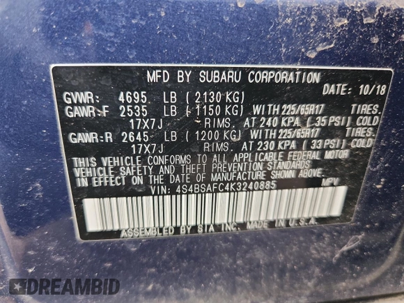 2019 Subaru Outback Premium with VIN 4S4BSAFC4K3240885, listed as a Copart auction lot 63971285 with 54,707 mi miles and Salvage title. Bid and sale history available at DreamBid. Image 13.