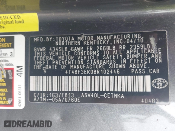 2011 Toyota Camry LE z VIN 4T4BF3EK0BR102446, wystawiony jako IAAI lot #42360776 z przebiegiem 202 324 mil mil oraz . Historia ofert i sprzedaży dostępna na DreamBid. Obrazek 9.