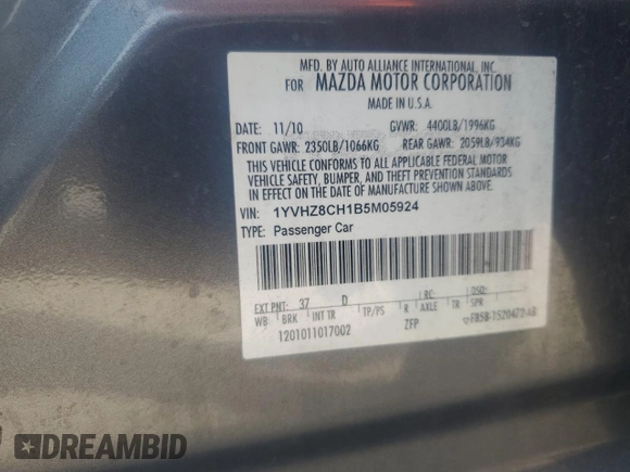 2011 Mazda 6 i Grand Touring with VIN 1YVHZ8CH1B5M05924, listed as a Copart auction lot 54222694 with 192,306 mi miles and Salvage Title. Bid and sale history available at DreamBid. Image 12.