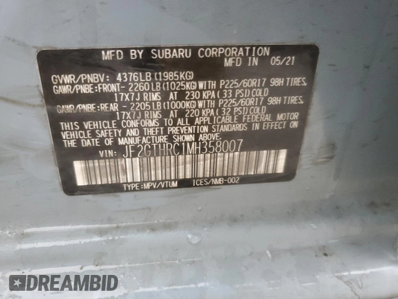 2021 Subaru Crosstrek Special Sports with VIN JF2GTHRC1MH358007, listed as a Copart auction lot 47307655 with Not provided miles and Salvage title. Bid and sale history available at DreamBid. Image 15.