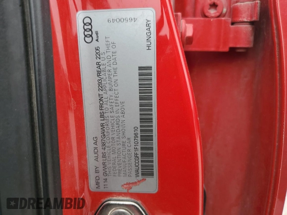 2015 Audi A3 1.8T Premium Plus with VIN WAUCCGFF1F1079610, listed as a Copart auction lot 47534325 with 154,489 mi miles and Salvage Title. Bid and sale history available at carsss.com. Image 12.