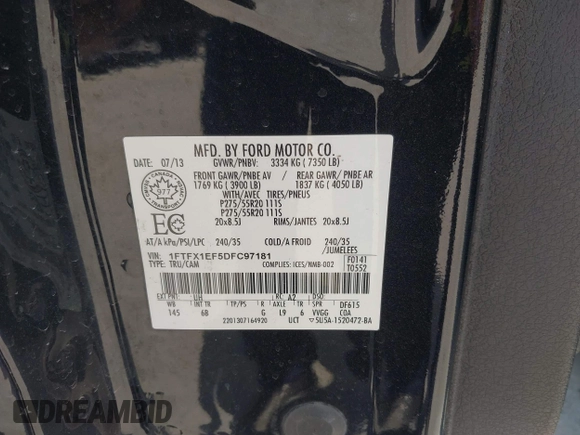 2013 Ford F-150 XL with VIN 1FTFX1EF5DFC97181, listed as a IAAI auction lot 42555151 with 140,137 mi miles and . Bid and sale history available at DreamBid. Image 9.
