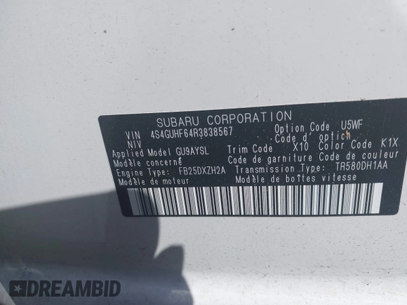 2024 Subaru Crosstrek Special Sports with VIN 4S4GUHF64R3838567, listed as a IAAI auction lot 42584712 with Not provided miles and . Bid and sale history available at DreamBid. Image 9.