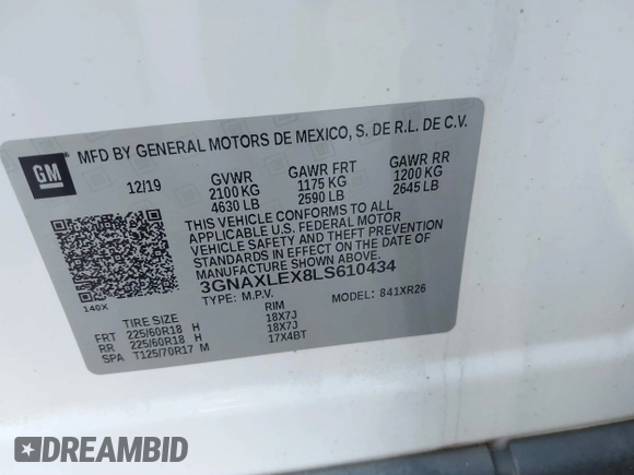 2020 Chevrolet Equinox LT with VIN 3GNAXLEX8LS610434, listed as a IAAI auction lot 41431481 with 101,832 mi miles. Bid and sale history available at carsss.com. Image 9.