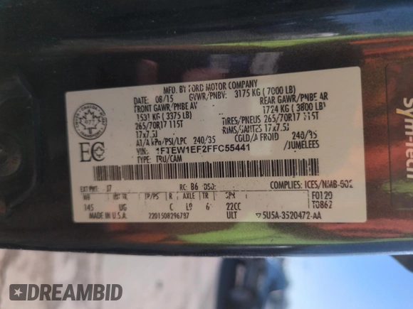 2015 Ford F-150 XLT with VIN 1FTEW1EF2FFC55441, listed as a Copart auction lot 61578305 with 109,975 mi miles and Salvage title. Bid and sale history available at DreamBid. Image 13.