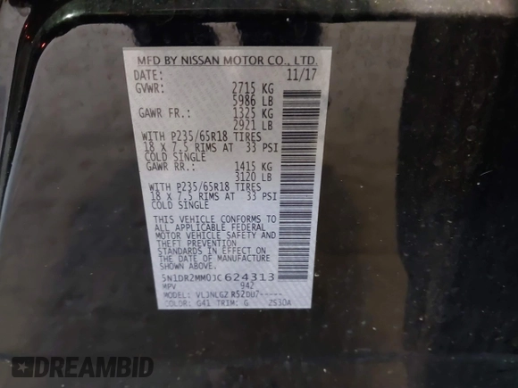2018 Nissan Pathfinder SV z VIN 5N1DR2MM0JC624313, wystawiony jako IAAI lot #41342560 z przebiegiem 114 251 mil mil oraz . Historia ofert i sprzedaży dostępna na DreamBid. Obrazek 9.