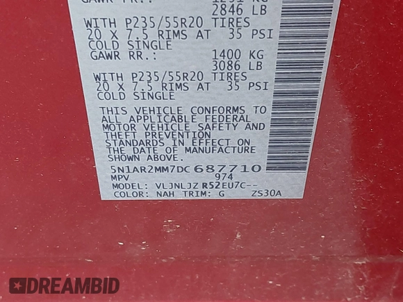 2013 Nissan Pathfinder Platinum with VIN 5N1AR2MM7DC687710, listed as a IAAI auction lot 42772536 with 225,369 mi miles and . Bid and sale history available at DreamBid. Image 9.