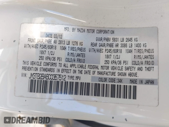2012 Mazda CX-9 Sport с VIN JM3TB2BA6C0357512, выставлен на аукционе IAAI как лот 41309715 с пробегом 148 944 миль миль и . История ставок и продаж доступна на DreamBid. Изображение 9.