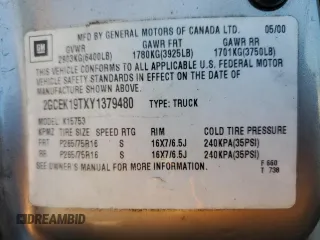 2000 Chevrolet Silverado 1500 LS with VIN 2GCEK19TXY1379480, listed as a Copart auction lot 43135855 with 0 mi miles and Salvage Title. Bid and sale history available at carsss.com. Image 12.