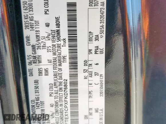 2015 Ford F-150 XL z VIN 1FTEX1CPXFKD76802, wystawiony jako Copart lot #53342335 z przebiegiem 118 986 mil mil oraz Szkoda całkowita • Salvage title. Historia ofert i sprzedaży dostępna na DreamBid. Obrazek 14.