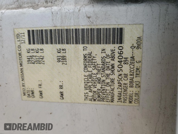 2012 Nissan Altima 2.5 S with VIN 1N4AL2AP5CN504060, listed as a Copart auction lot 53618795 with 195,522 mi miles and Salvage Title. Bid and sale history available at carsss.com. Image 12.