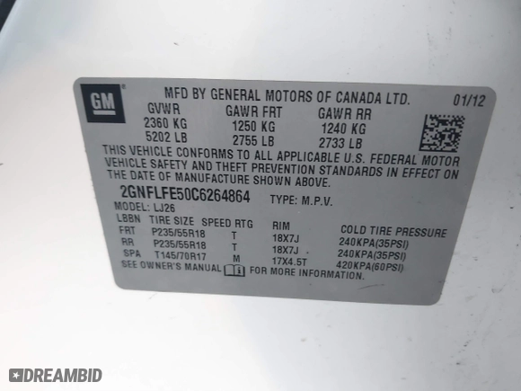 2012 Chevrolet Equinox LTZ with VIN 2GNFLFE50C6264864, listed as a IAAI auction lot 41756887 with 181,942 mi miles. Bid and sale history available at carsss.com. Image 9.