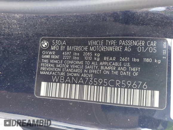2005 BMW 5 Series 530i with VIN WBANA73595CR59676, listed as a IAAI auction lot 42040956 with 215,297 mi miles and . Bid and sale history available at DreamBid. Image 9.